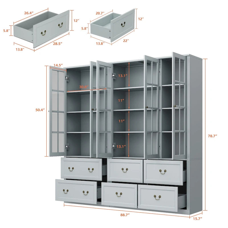 Combo Buffet Bookcase Storage Cabinet with Glass Doors