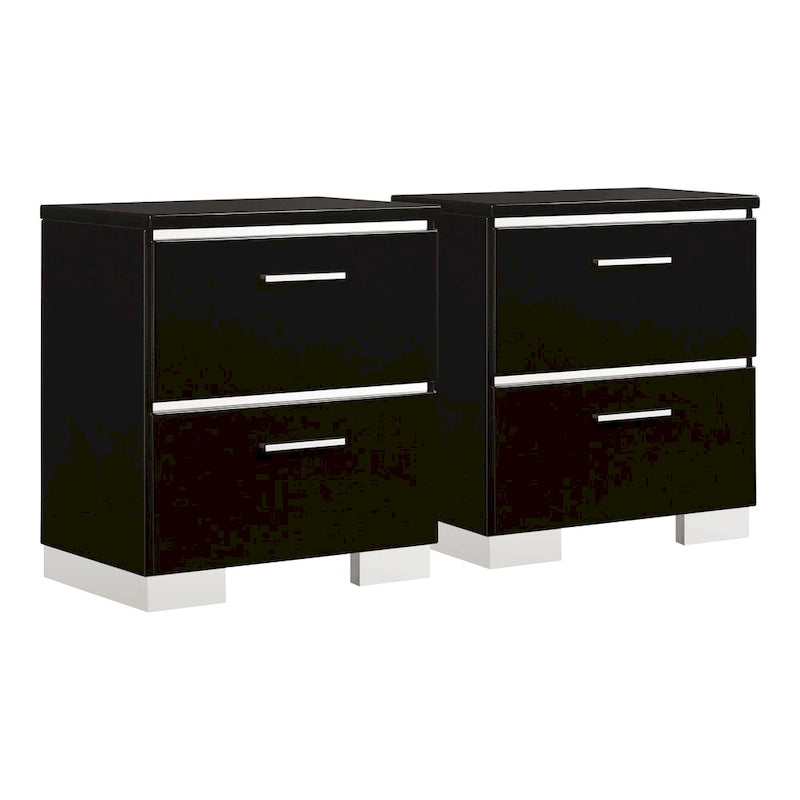 Modern Glossy Black Wood 2-Drawer Nightstand with USB Ports