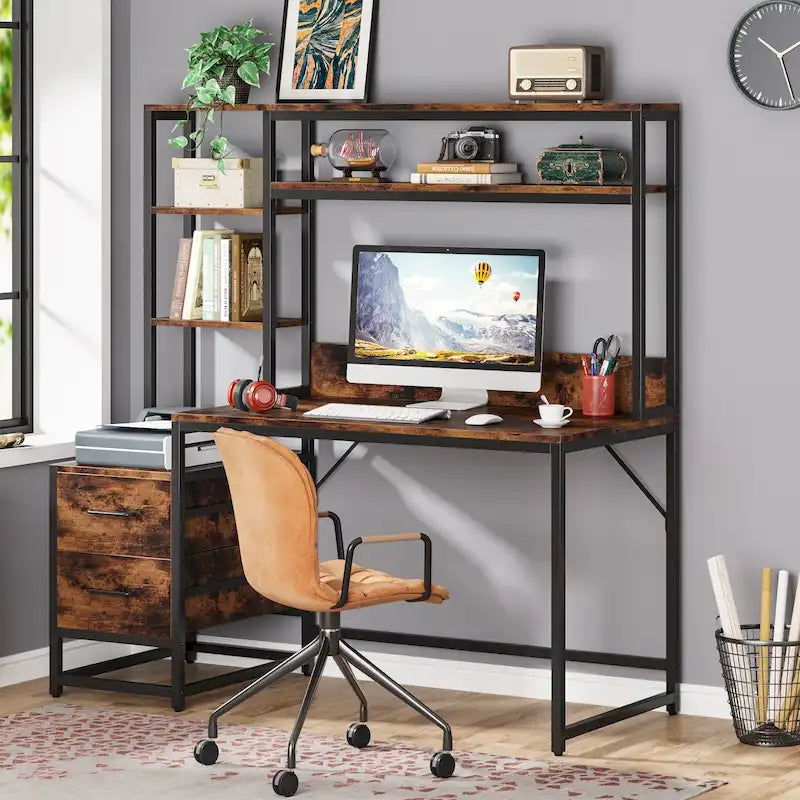 Computer Office Desk with Drawers and Hutch