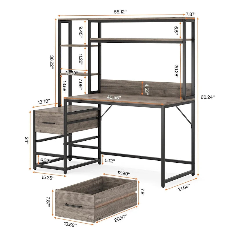 Computer Office Desk with Drawers and Hutch