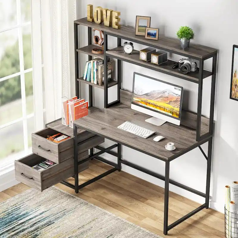 Computer Office Desk with Drawers and Hutch