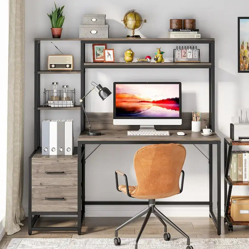 Computer Office Desk with Drawers and Hutch