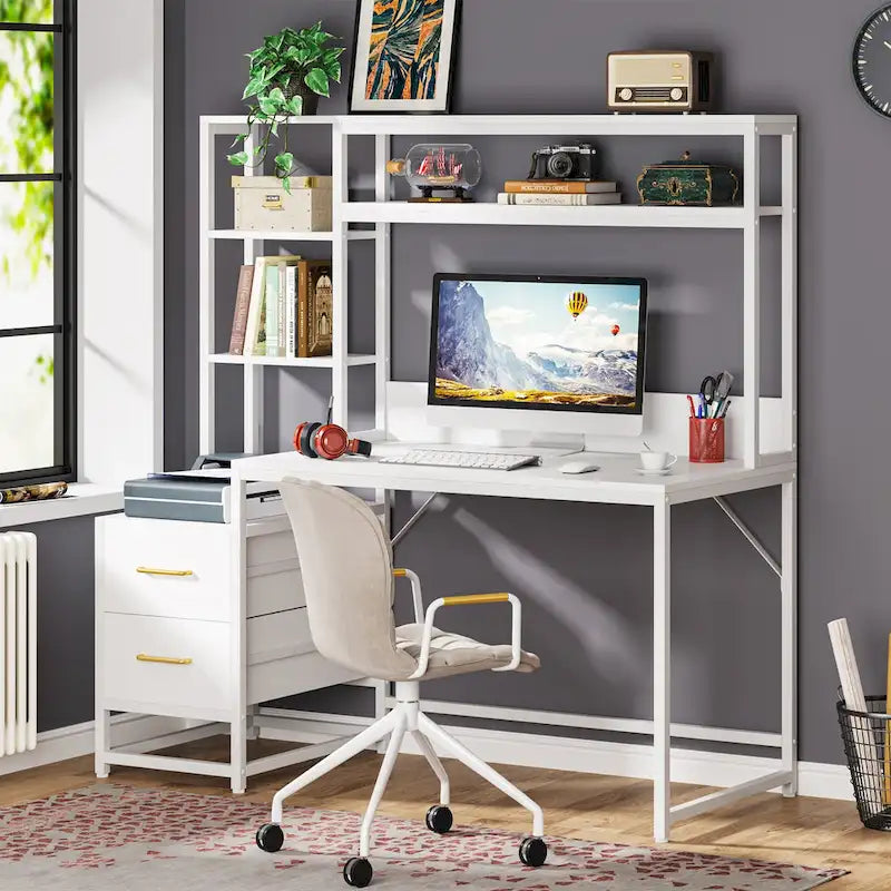 Computer Office Desk with Drawers and Hutch
