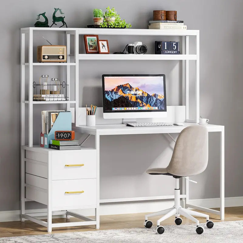 Computer Office Desk with Drawers and Hutch