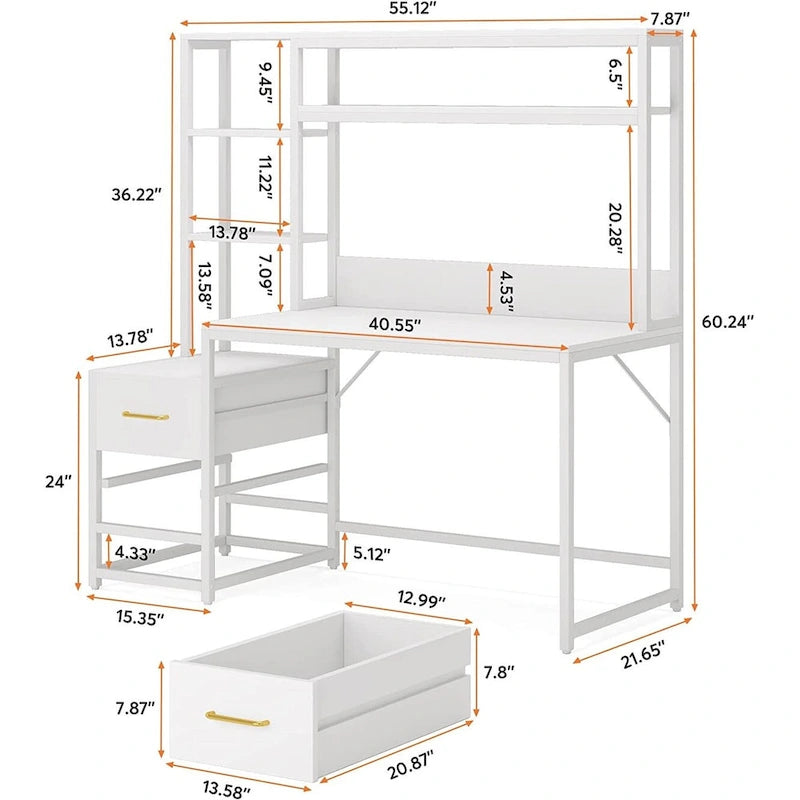 Computer Office Desk with Drawers and Hutch