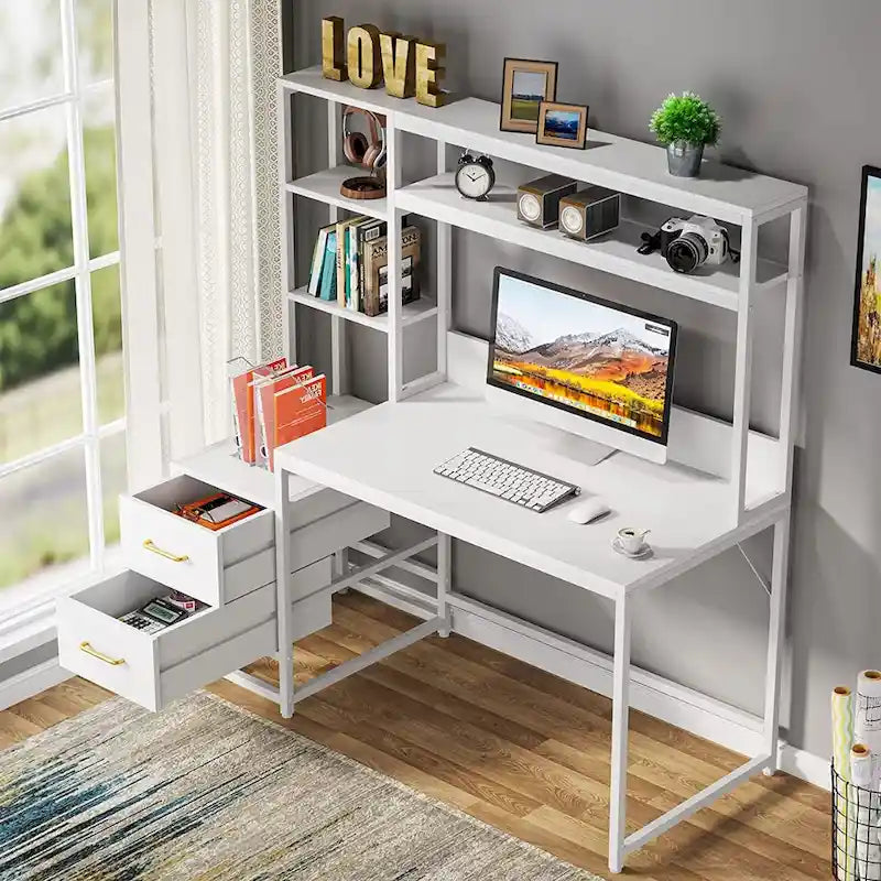Computer Office Desk with Drawers and Hutch