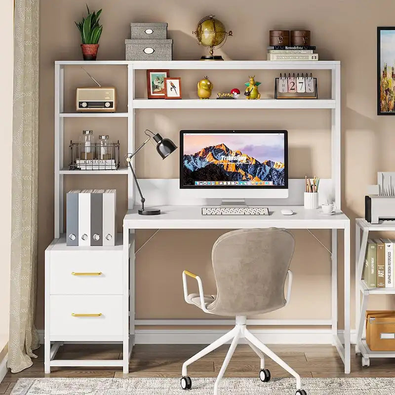 Computer Office Desk with Drawers and Hutch