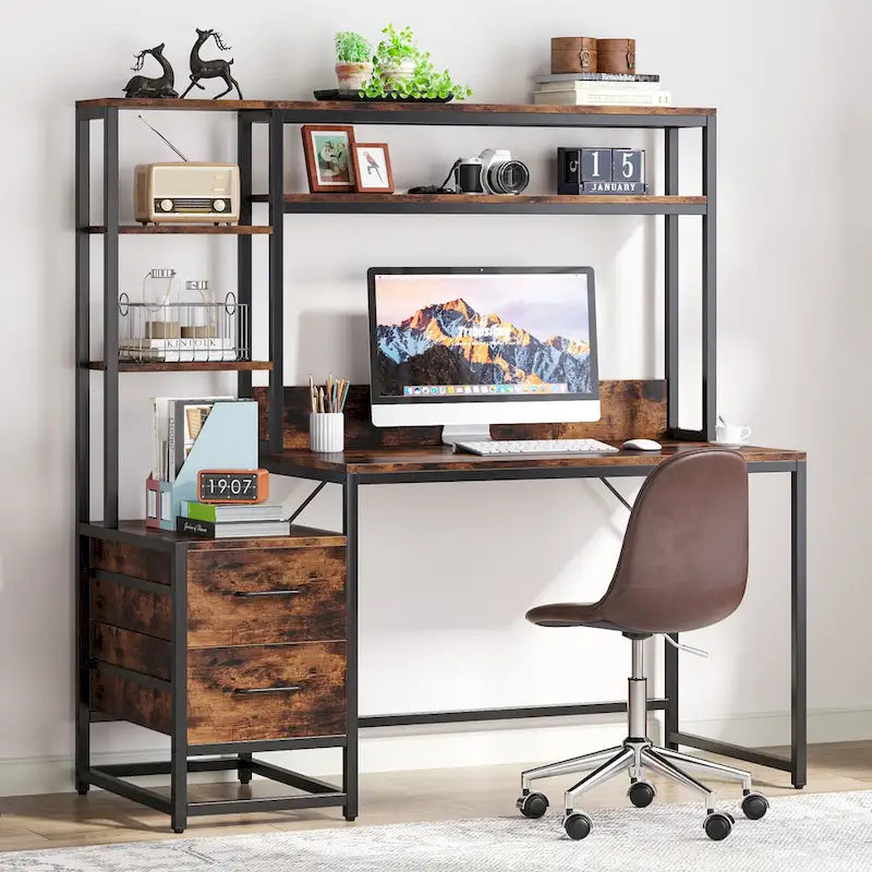 Computer Office Desk with Drawers and Hutch