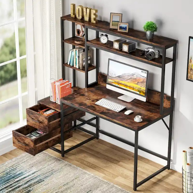 Computer Office Desk with Drawers and Hutch