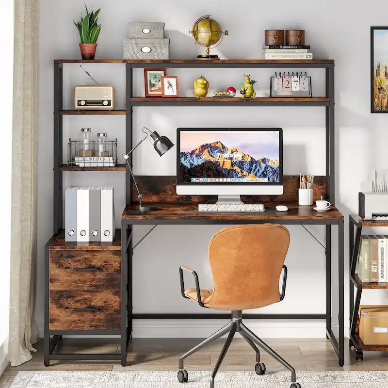 Computer Office Desk with Drawers and Hutch
