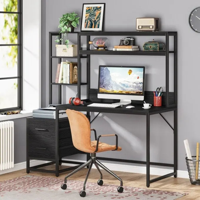 Computer Office Desk with Drawers and Hutch