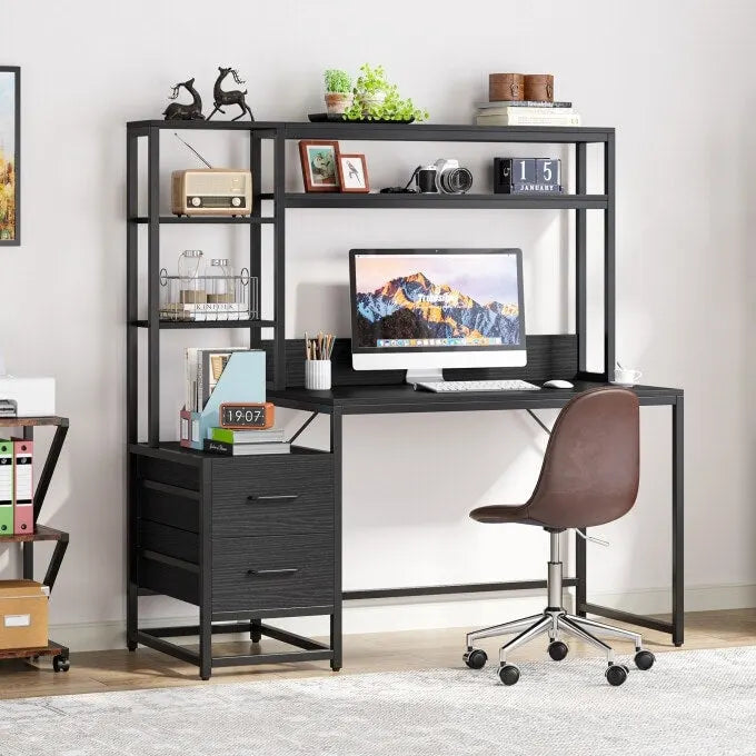 Computer Office Desk with Drawers and Hutch