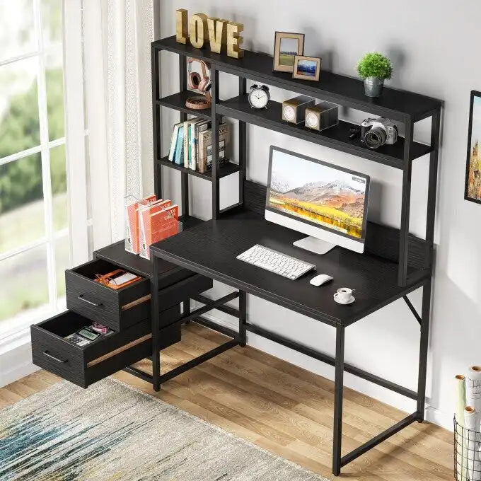 Computer Office Desk with Drawers and Hutch