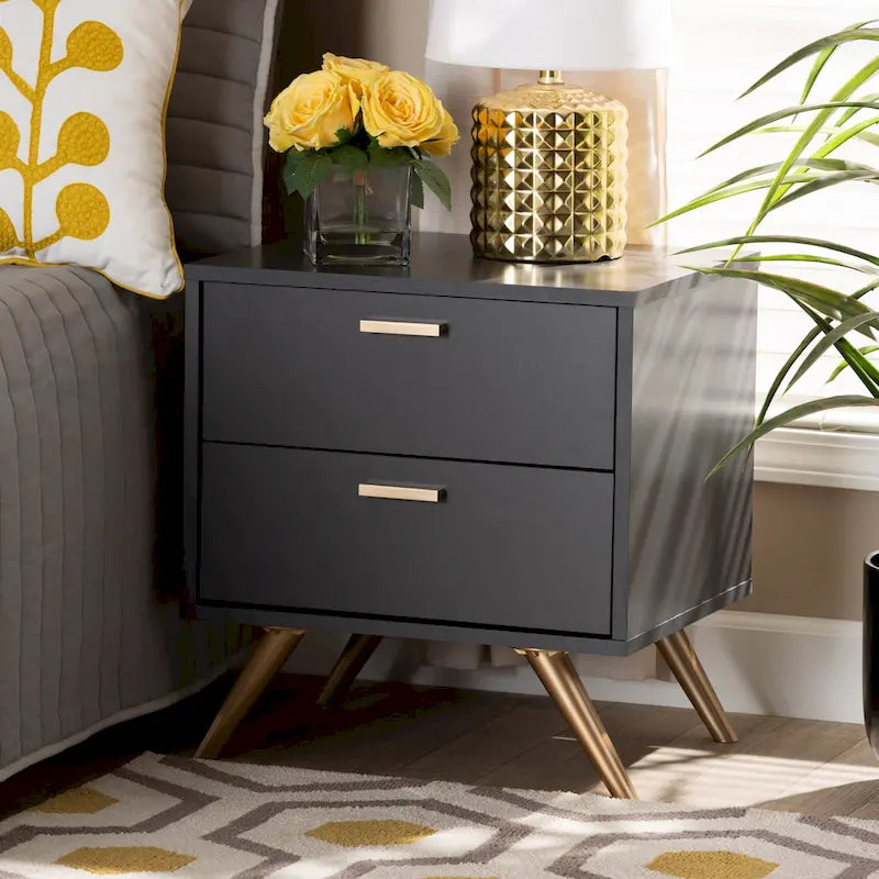 Modern Dark Grey and Gold 2-Drawer Nightstand