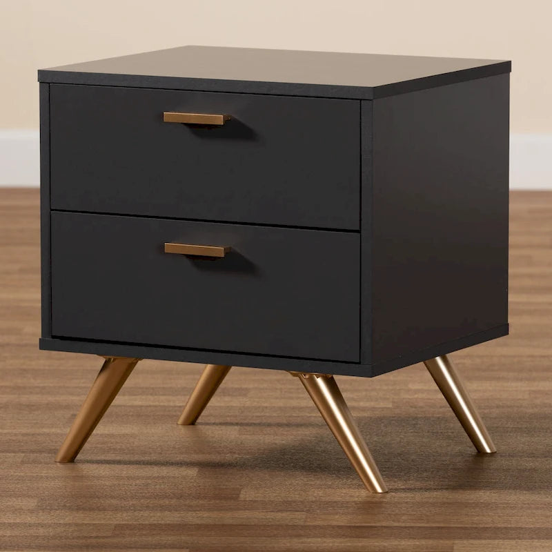 Modern Dark Grey and Gold 2-Drawer Nightstand