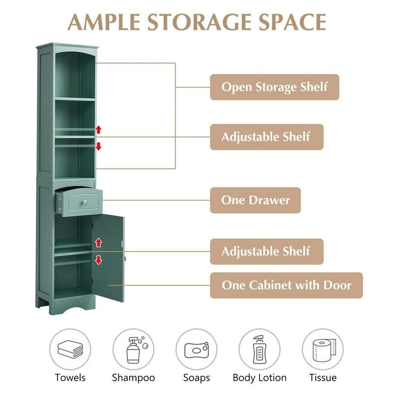 66" H Tall Bathroom Storage Cabinet with Drawer & Adjustable Shelves