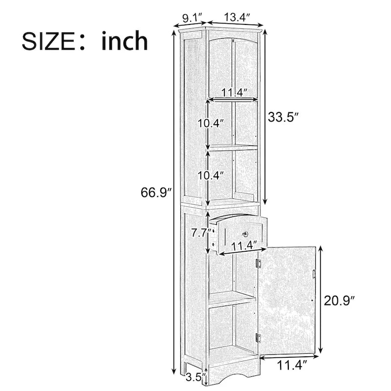 66" H Tall Bathroom Storage Cabinet with Drawer & Adjustable Shelves