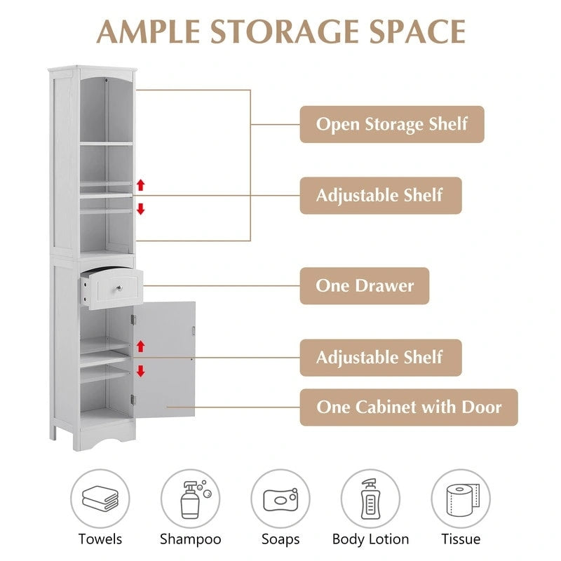 66" H Tall Bathroom Storage Cabinet with Drawer & Adjustable Shelves