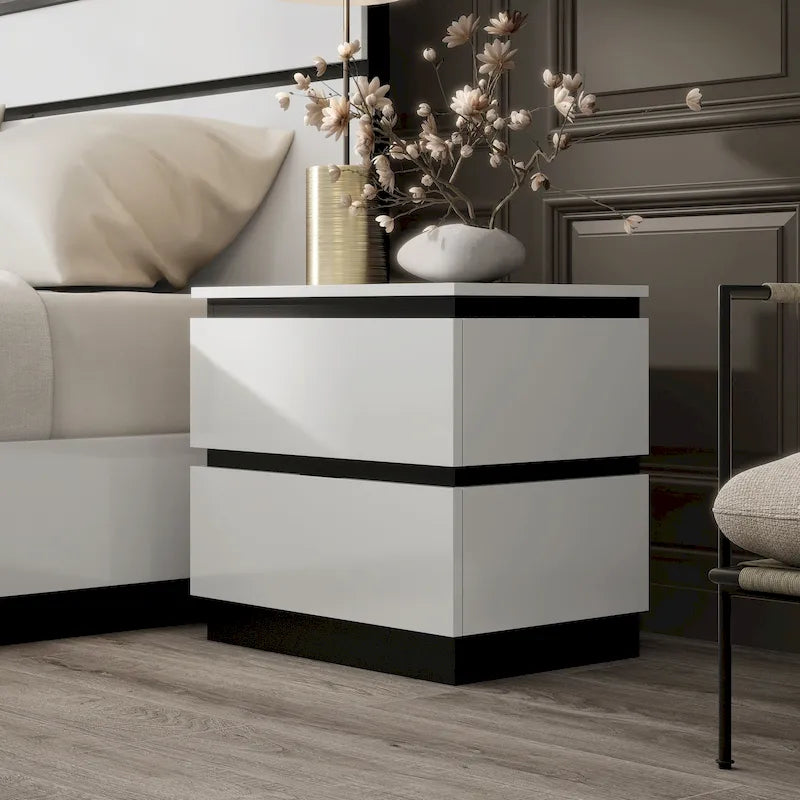 Contemporary White Wood 2-Drawer Nightstand with USB Port