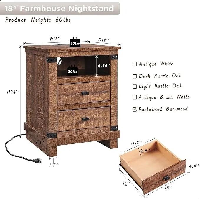 18" Farmhouse Nightstand with Charging Station