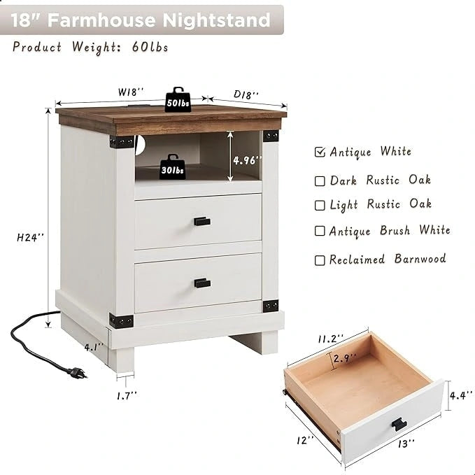 18" Farmhouse Nightstand with Charging Station