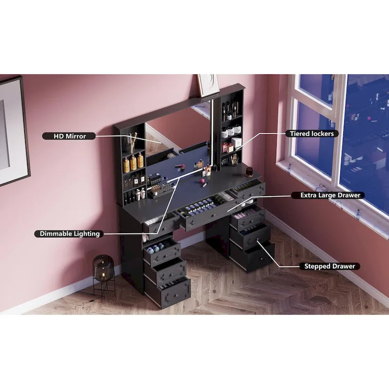 Makeup Vanity Desk with Lighted Mirror and 9 Drawers