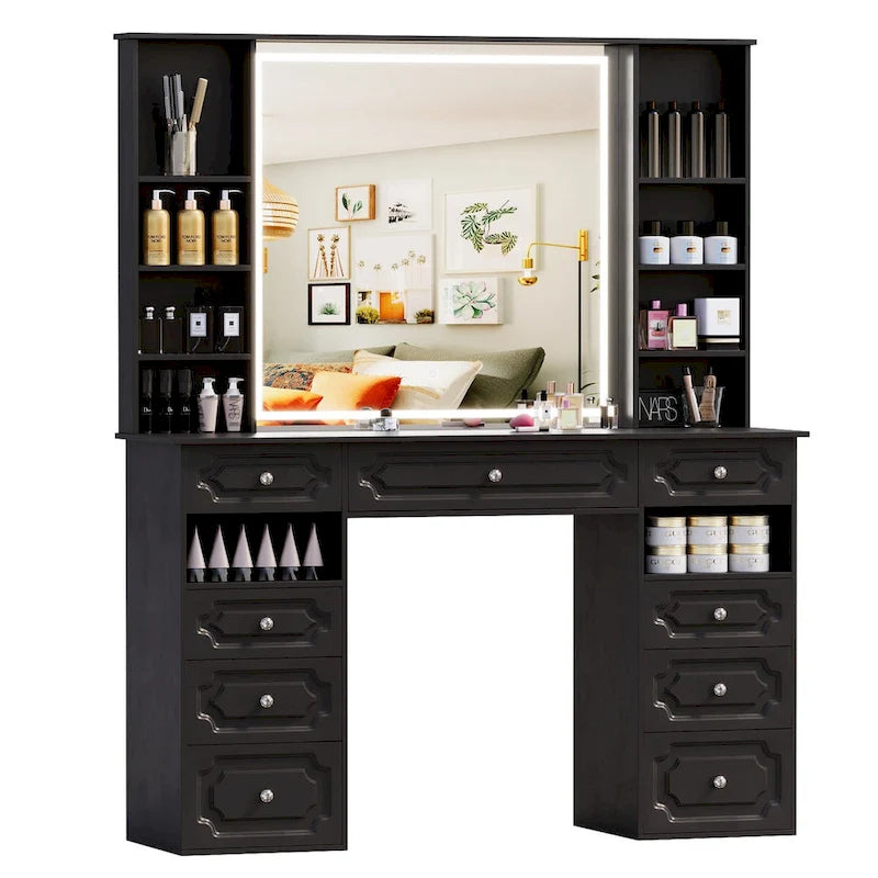 Makeup Vanity Desk with Lighted Mirror and 9 Drawers