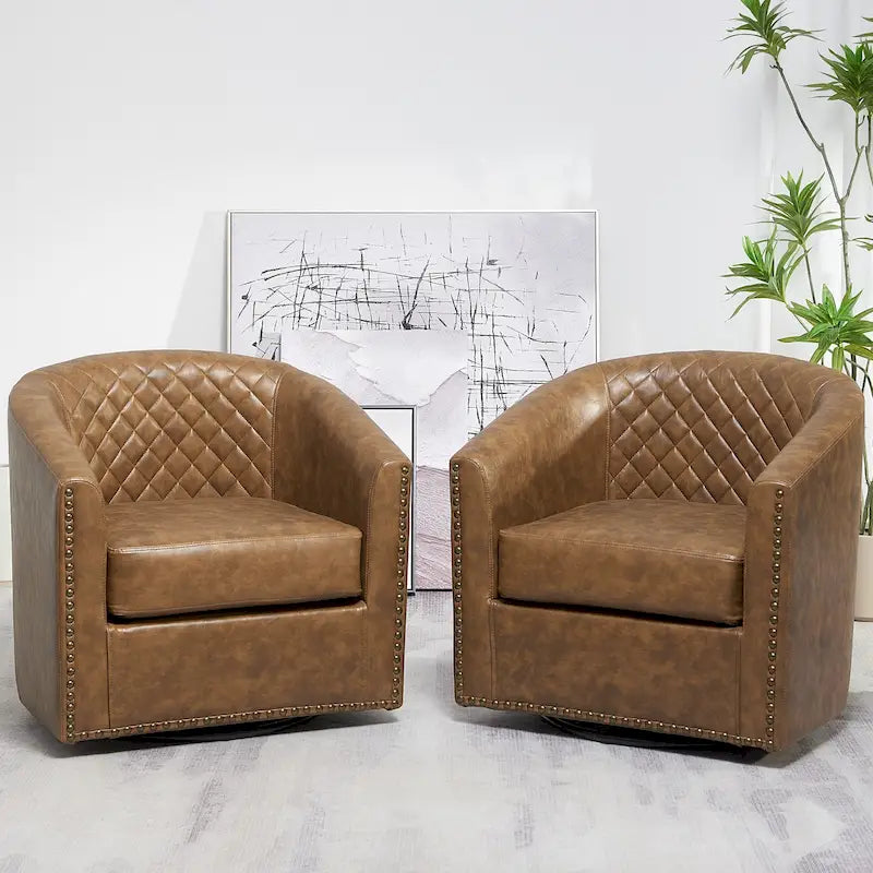 29 Wide Tufted PU Leather Swivel Barrel Chair