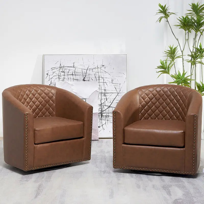 29 Wide Tufted PU Leather Swivel Barrel Chair