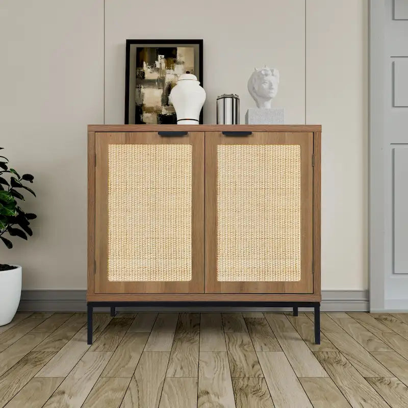 Mid-Century Modern Rattan Accent Storage Cabinet Wood Sideboard Buffet with 2 Doors