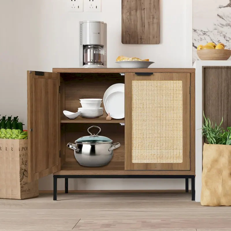 Mid-Century Modern Rattan Accent Storage Cabinet Wood Sideboard Buffet with 2 Doors