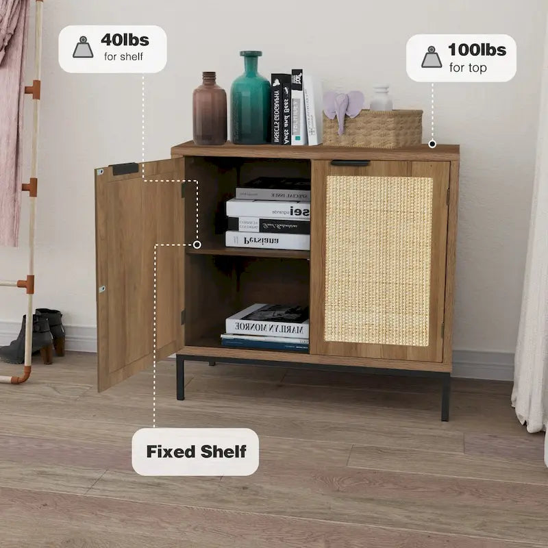 Mid-Century Modern Rattan Accent Storage Cabinet Wood Sideboard Buffet with 2 Doors