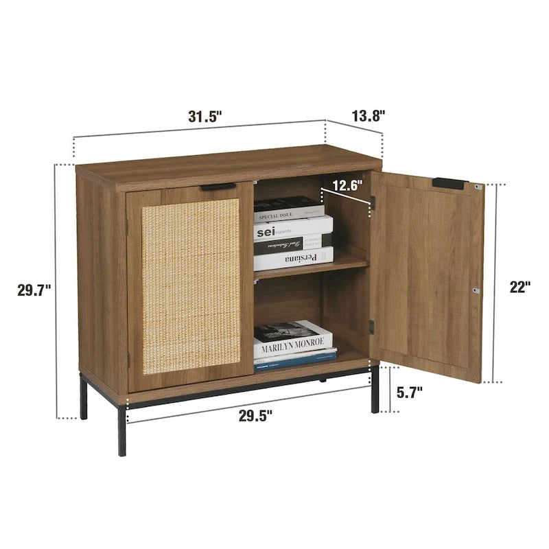 Mid-Century Modern Rattan Accent Storage Cabinet Wood Sideboard Buffet with 2 Doors
