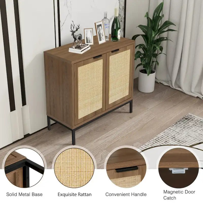 Mid-Century Modern Rattan Accent Storage Cabinet Wood Sideboard Buffet with 2 Doors
