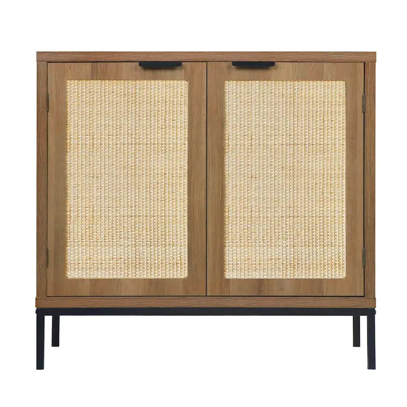 Mid-Century Modern Rattan Accent Storage Cabinet Wood Sideboard Buffet with 2 Doors