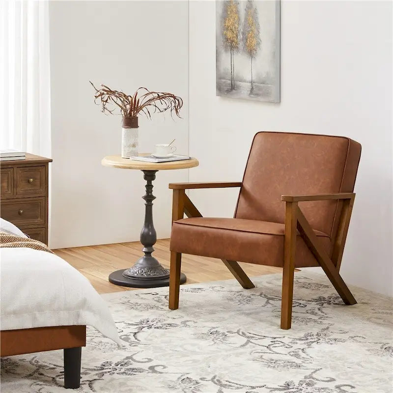 Faux Leather Accent Chair with Wood Legs for Living Room
