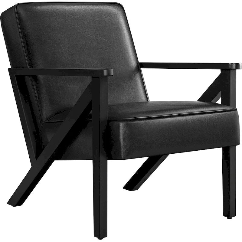 Faux Leather Accent Chair with Wood Legs for Living Room