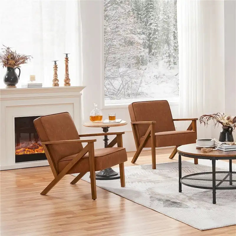 Faux Leather Accent Chair with Wood Legs for Living Room