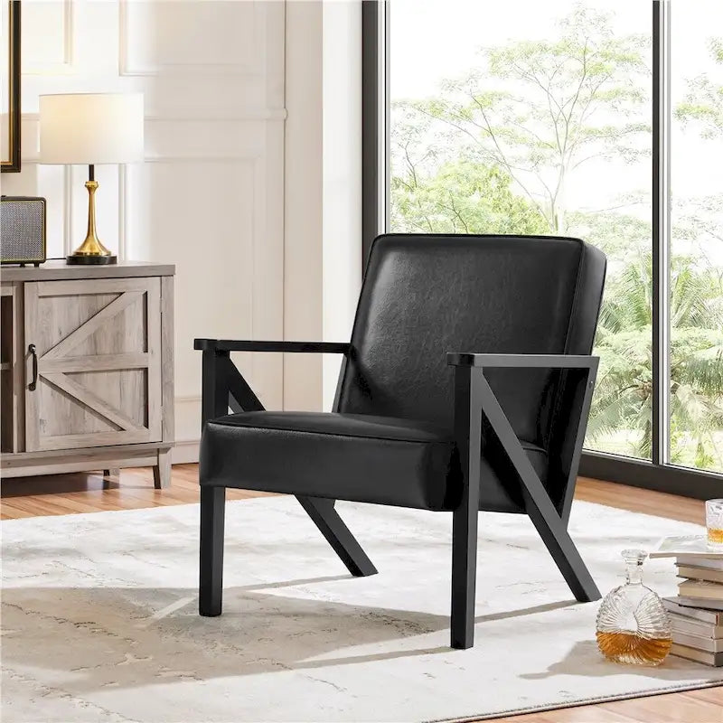 Faux Leather Accent Chair with Wood Legs for Living Room
