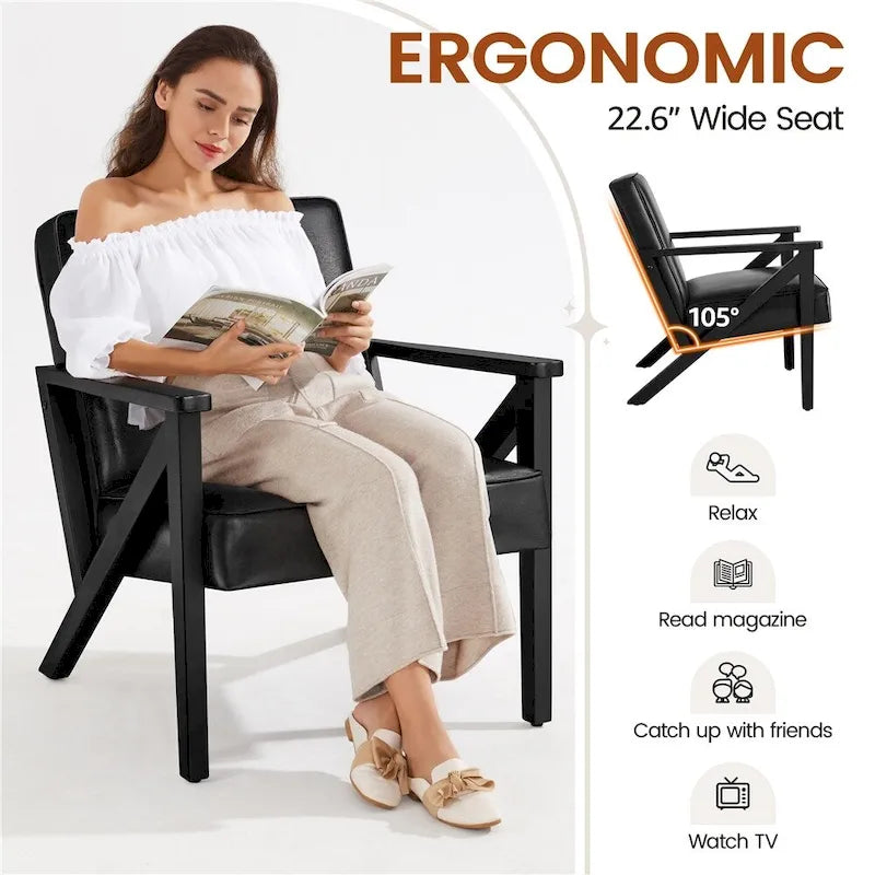 Faux Leather Accent Chair with Wood Legs for Living Room