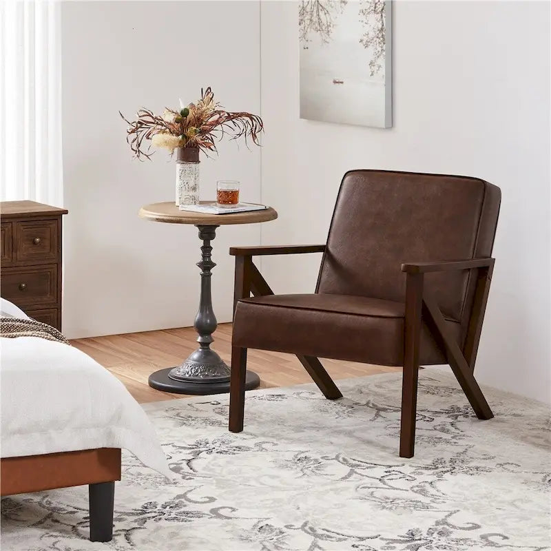 Faux Leather Accent Chair with Wood Legs for Living Room
