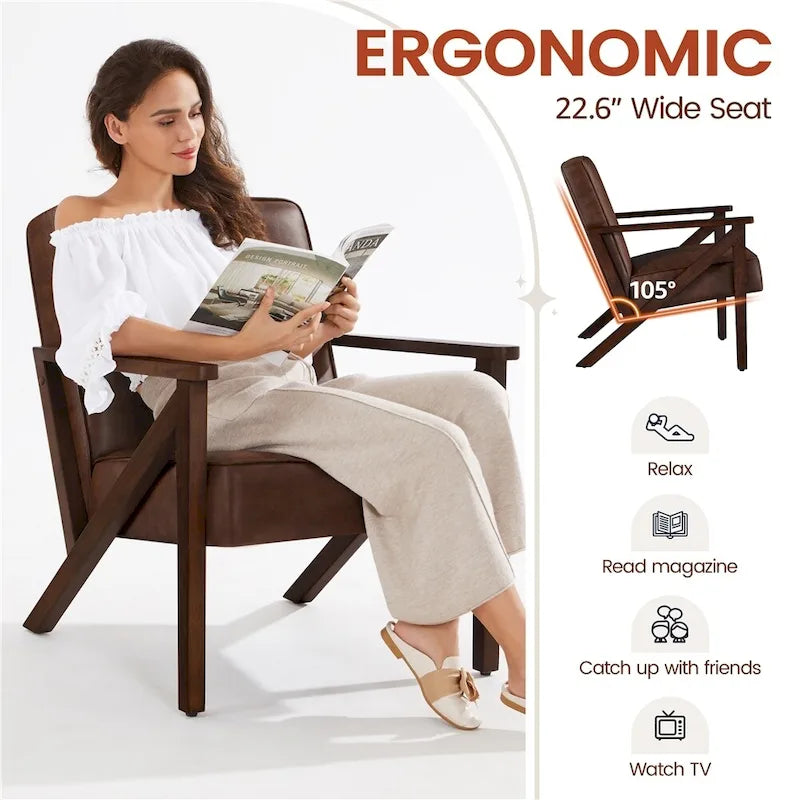 Faux Leather Accent Chair with Wood Legs for Living Room