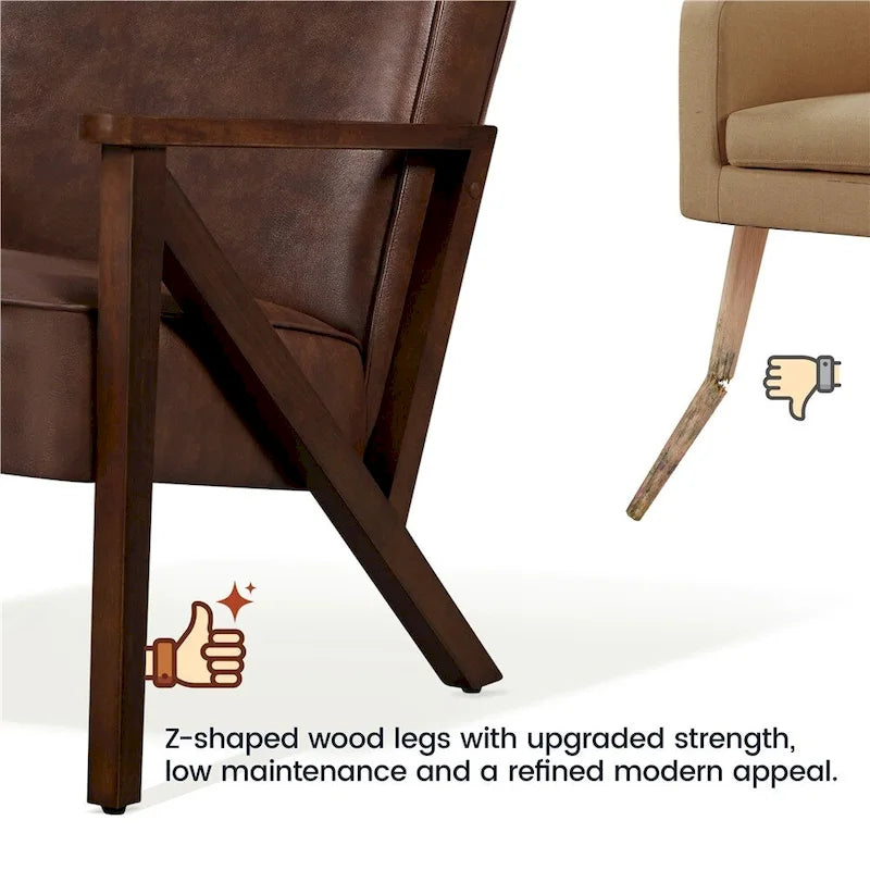Faux Leather Accent Chair with Wood Legs for Living Room