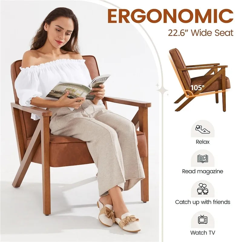Faux Leather Accent Chair with Wood Legs for Living Room