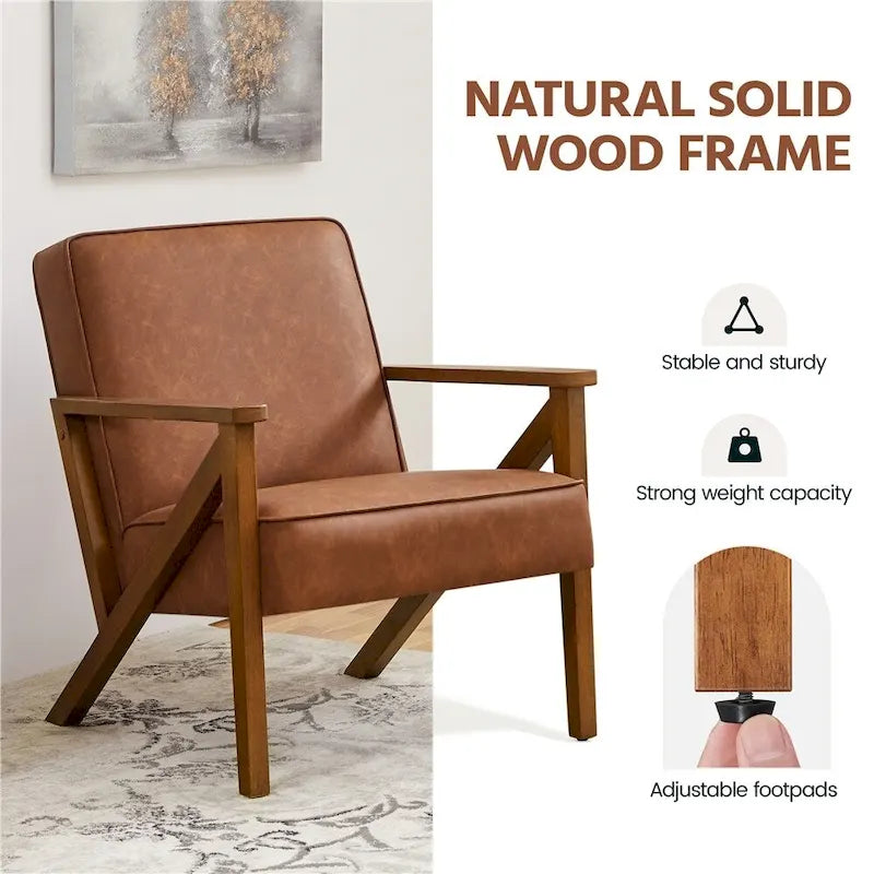 Faux Leather Accent Chair with Wood Legs for Living Room