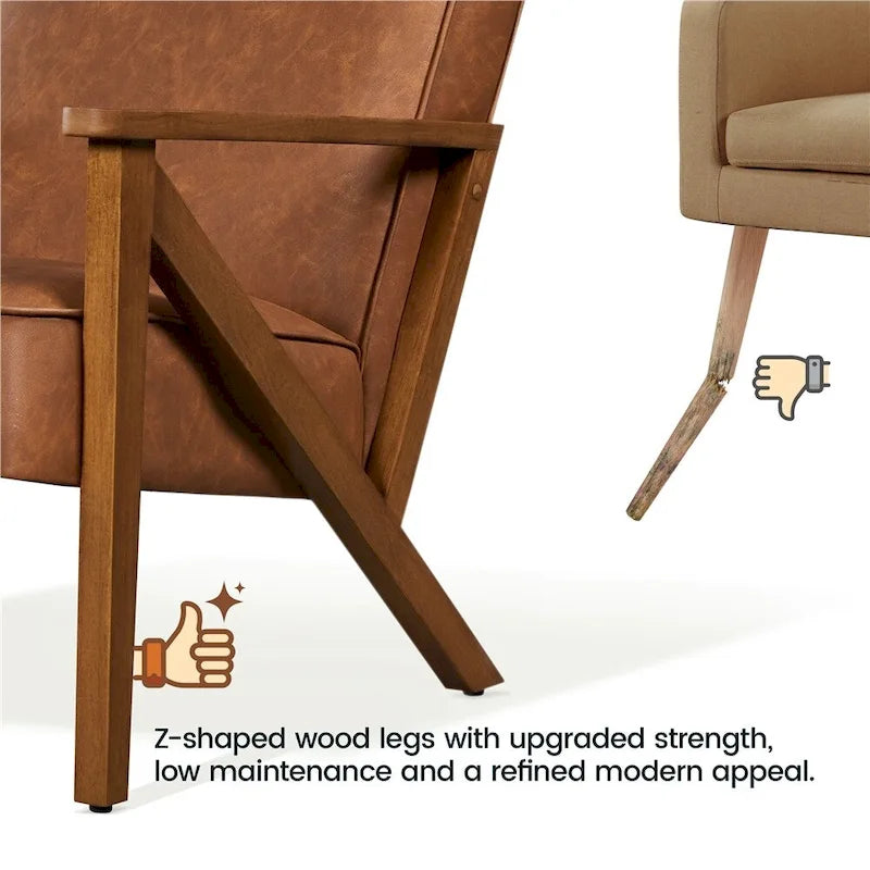 Faux Leather Accent Chair with Wood Legs for Living Room