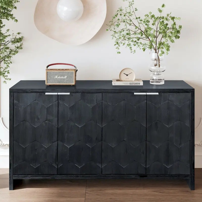 Sideboard mit 4 Türen und Stauraum, 60-in, antikschwarz
