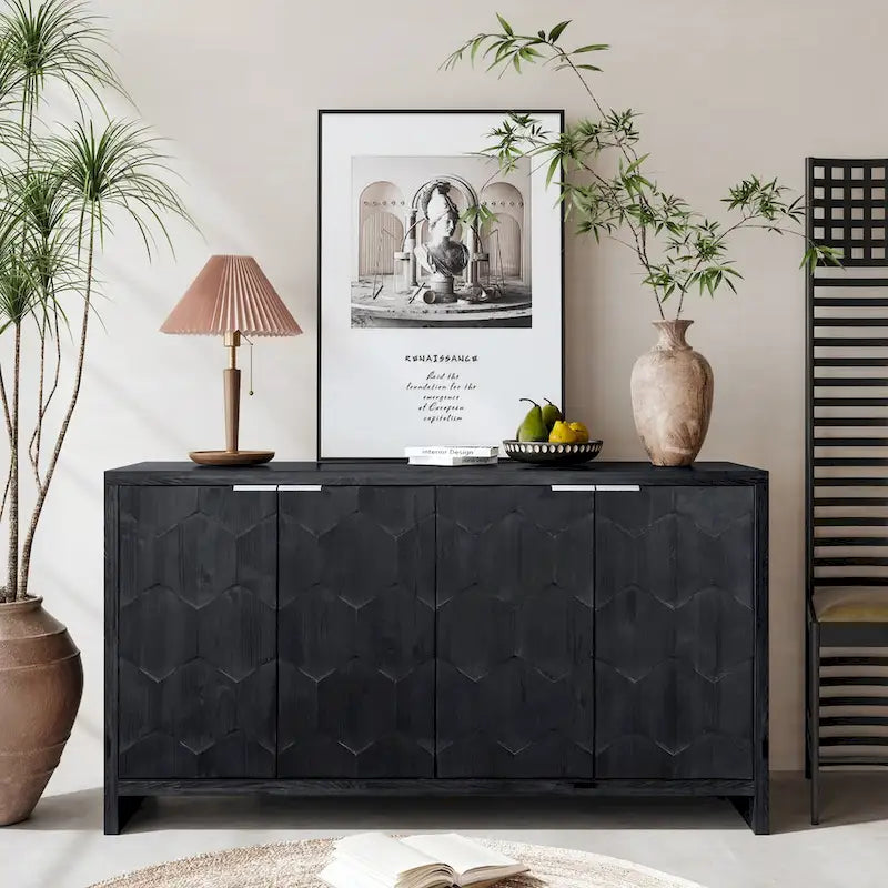 Sideboard mit 4 Türen und Stauraum, 60-in, antikschwarz