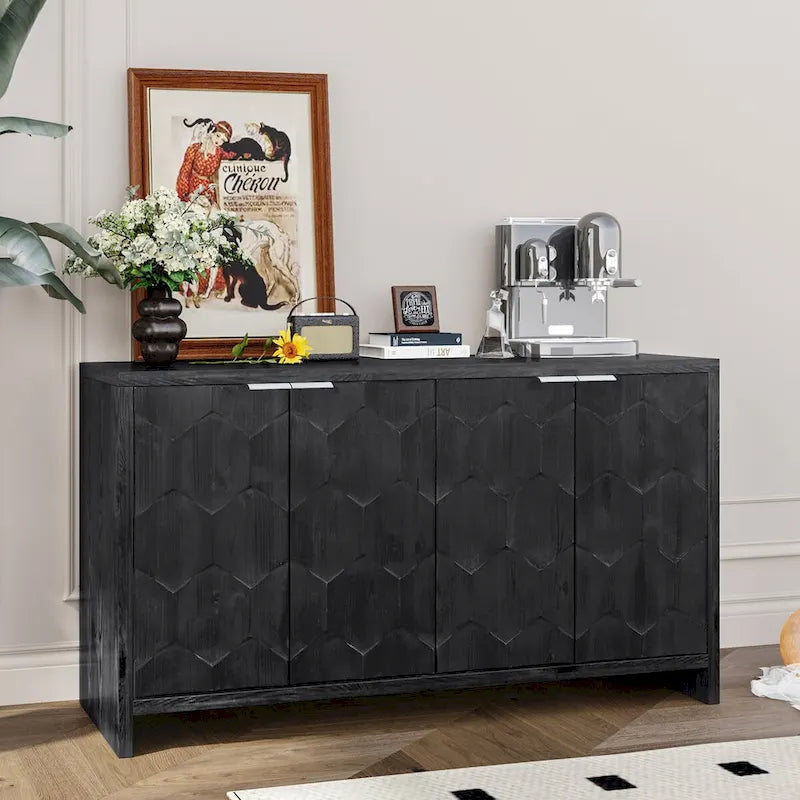 Sideboard mit 4 Türen und Stauraum, 60-in, antikschwarz