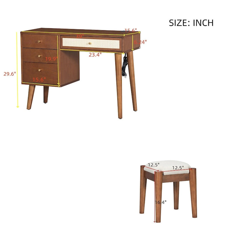 Schminktisch mit Ladestecker und USB-Anschluss, 3 Aufbewahrungsschubladen, Walnuss